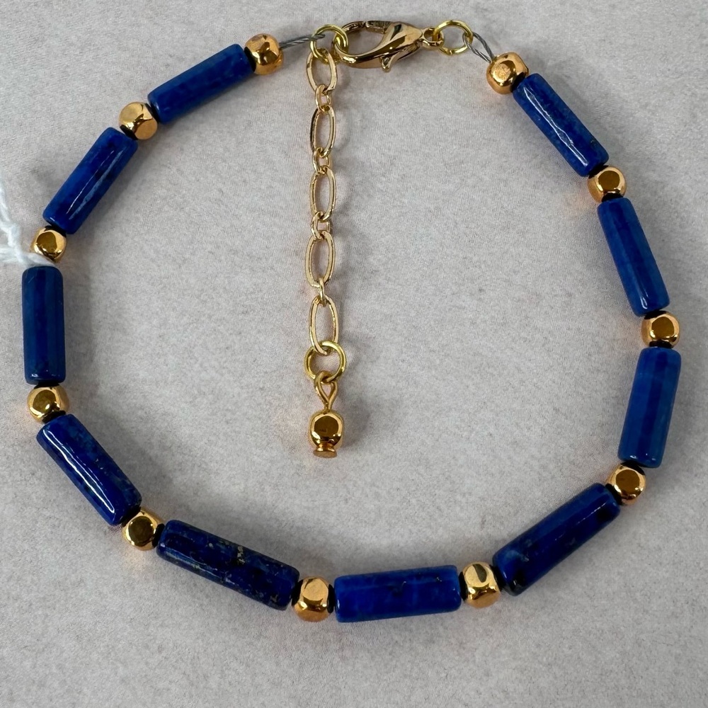 HAND CRAFTED BRACELET Lapis Lazuli Tubes Gold Spacers Lobster Claw Clasp NWT - Picture 3 of 15